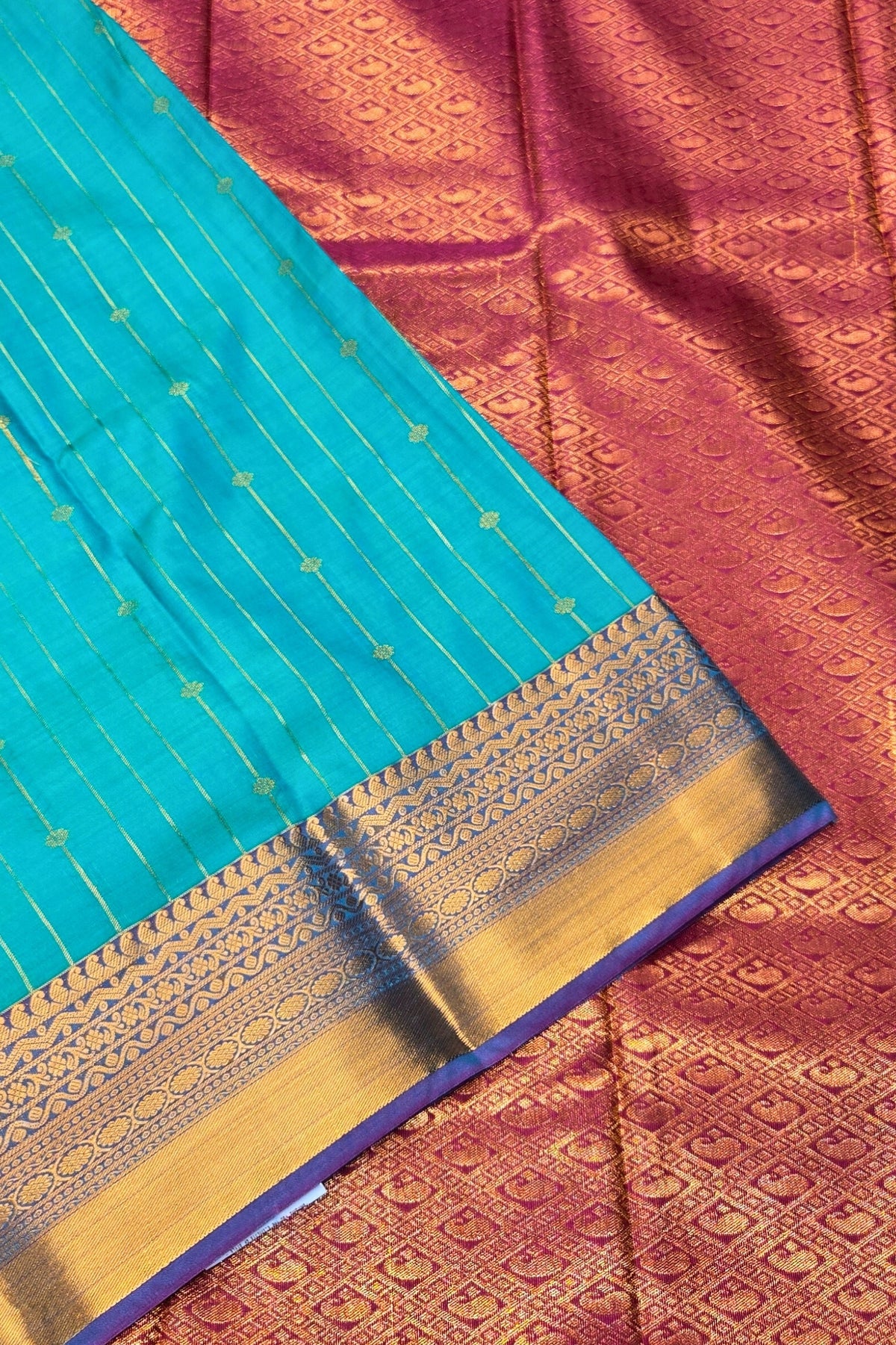 Elegant Sea Green Semi Kanchi Silk Saree with Pink Border