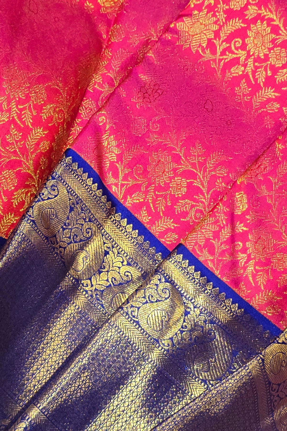 Royal Pink Kanchipuram Silk Saree with Elegant Blue Border