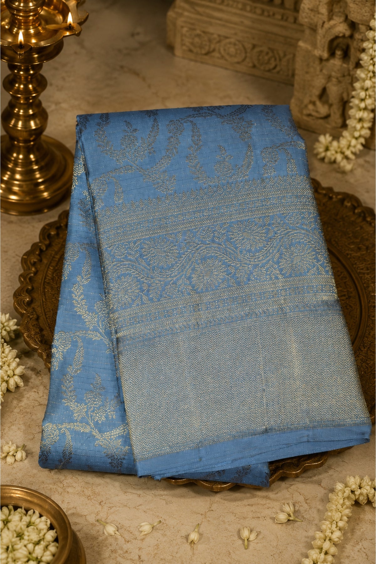 Royal Slate Grey Kanchipuram Silk Saree with Elegant Border