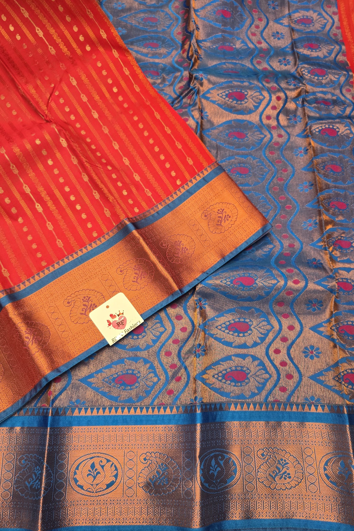 Red With Blue Semi Kanchi Silk Saree