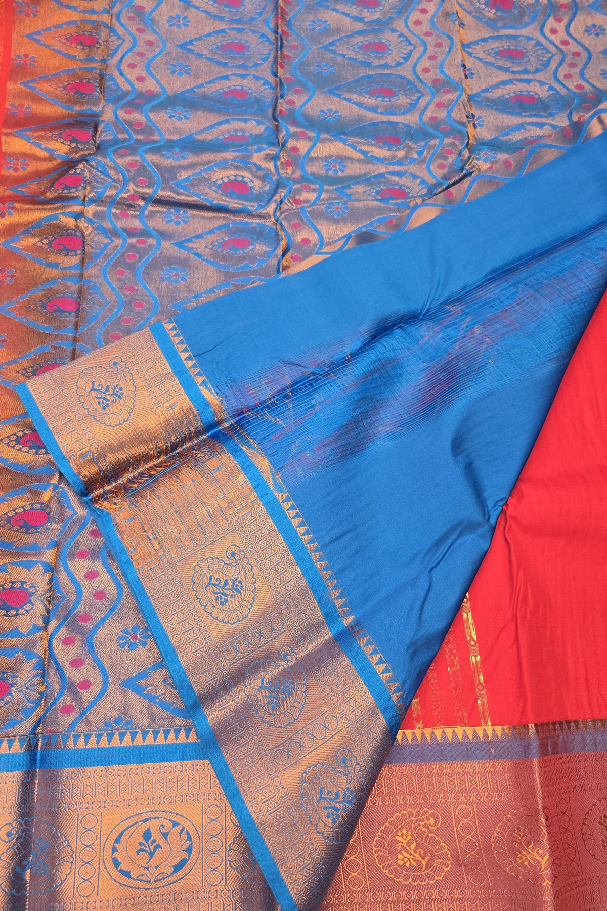 Red With Blue Semi Kanchi Silk Saree