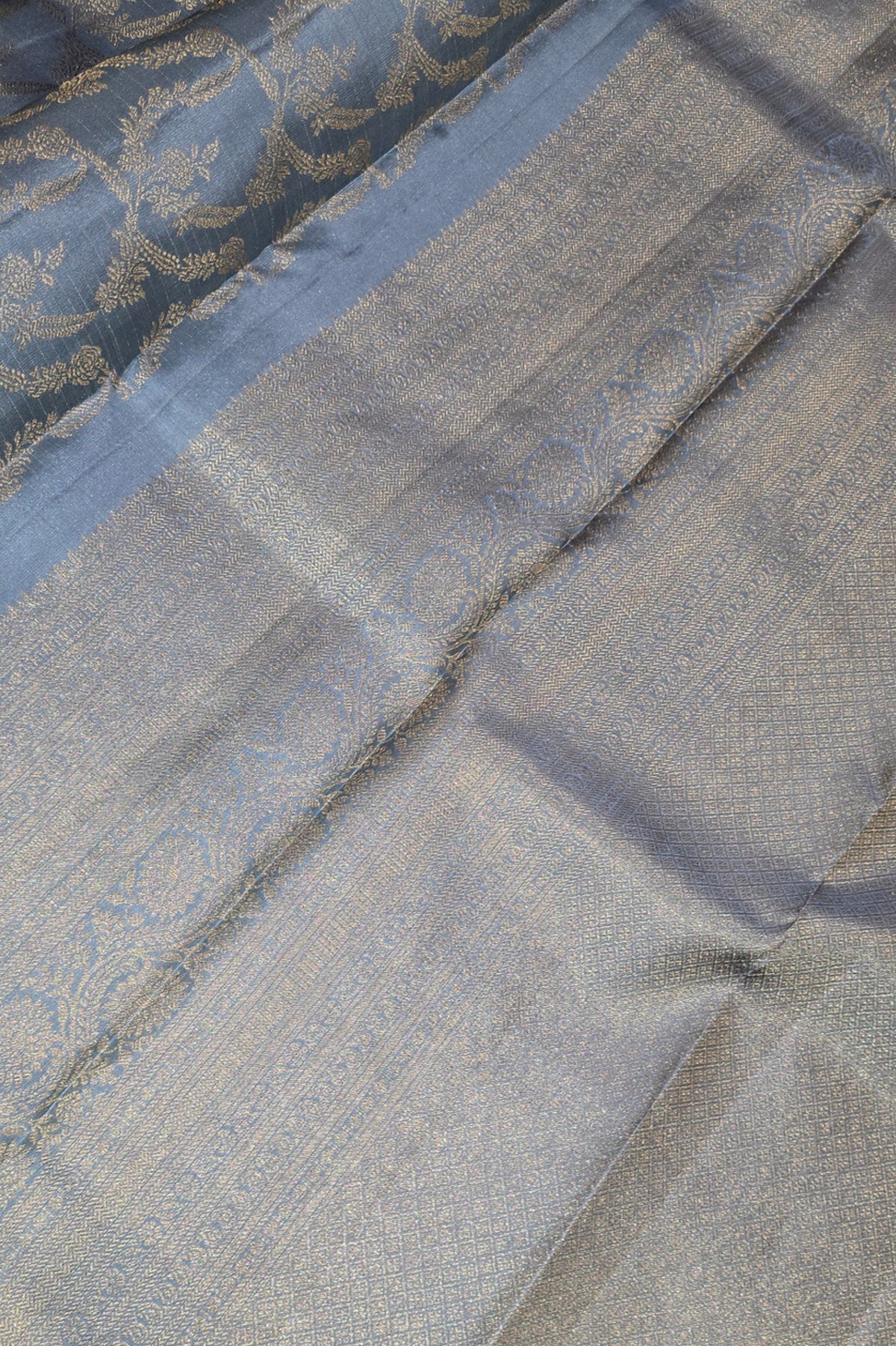 Royal Slate Grey Kanchipuram Silk Saree with Elegant Border
