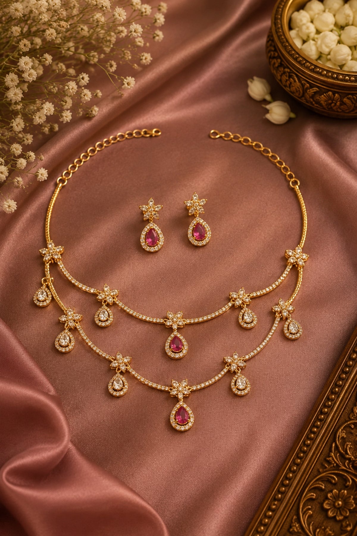 Gold necklace and earrings set on a satin surface with flowers