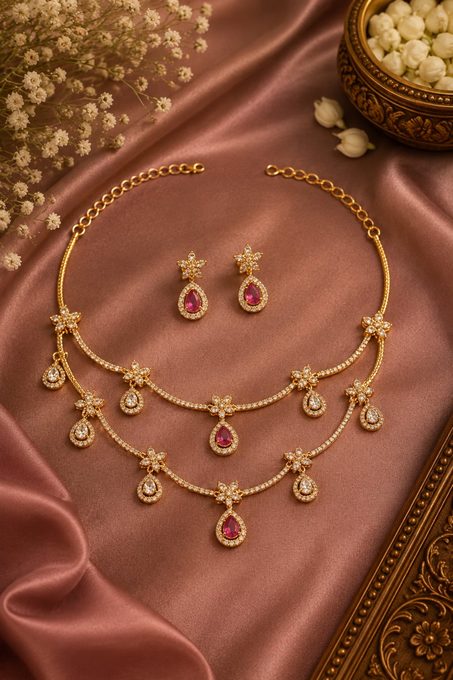 Gold necklace and earrings set on a satin surface with flowers