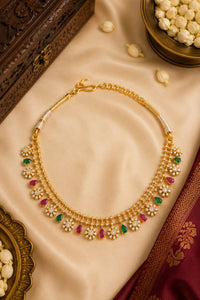 Traditional Gold-Plated Floral Necklace with Ruby & Emerald Teardrop Stones