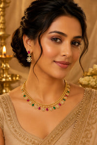 Traditional Gold-Plated Floral Necklace with Ruby & Emerald Teardrop Stones