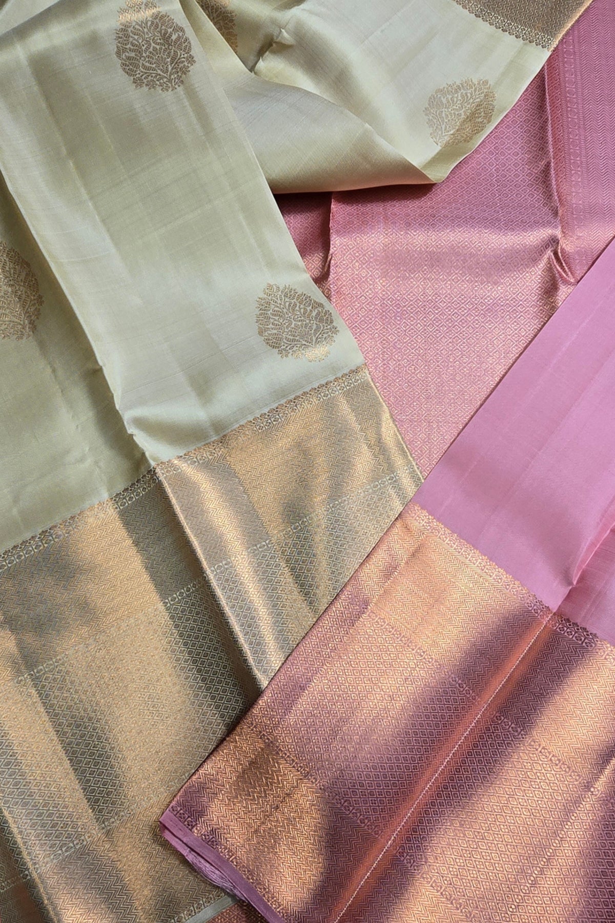 Mushroom Blonde Kanchipuram Silk Saree with Pink Accents