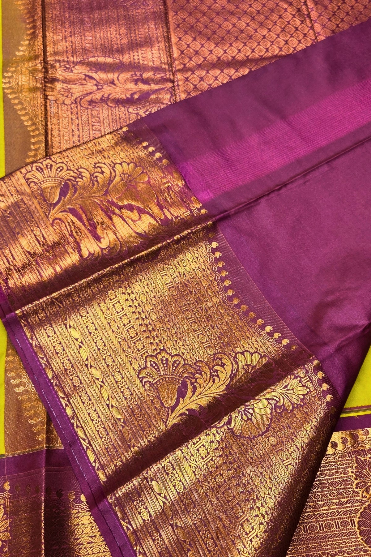 Elegant Green Semi Kanchi Silk Saree with Purple and Gold Border