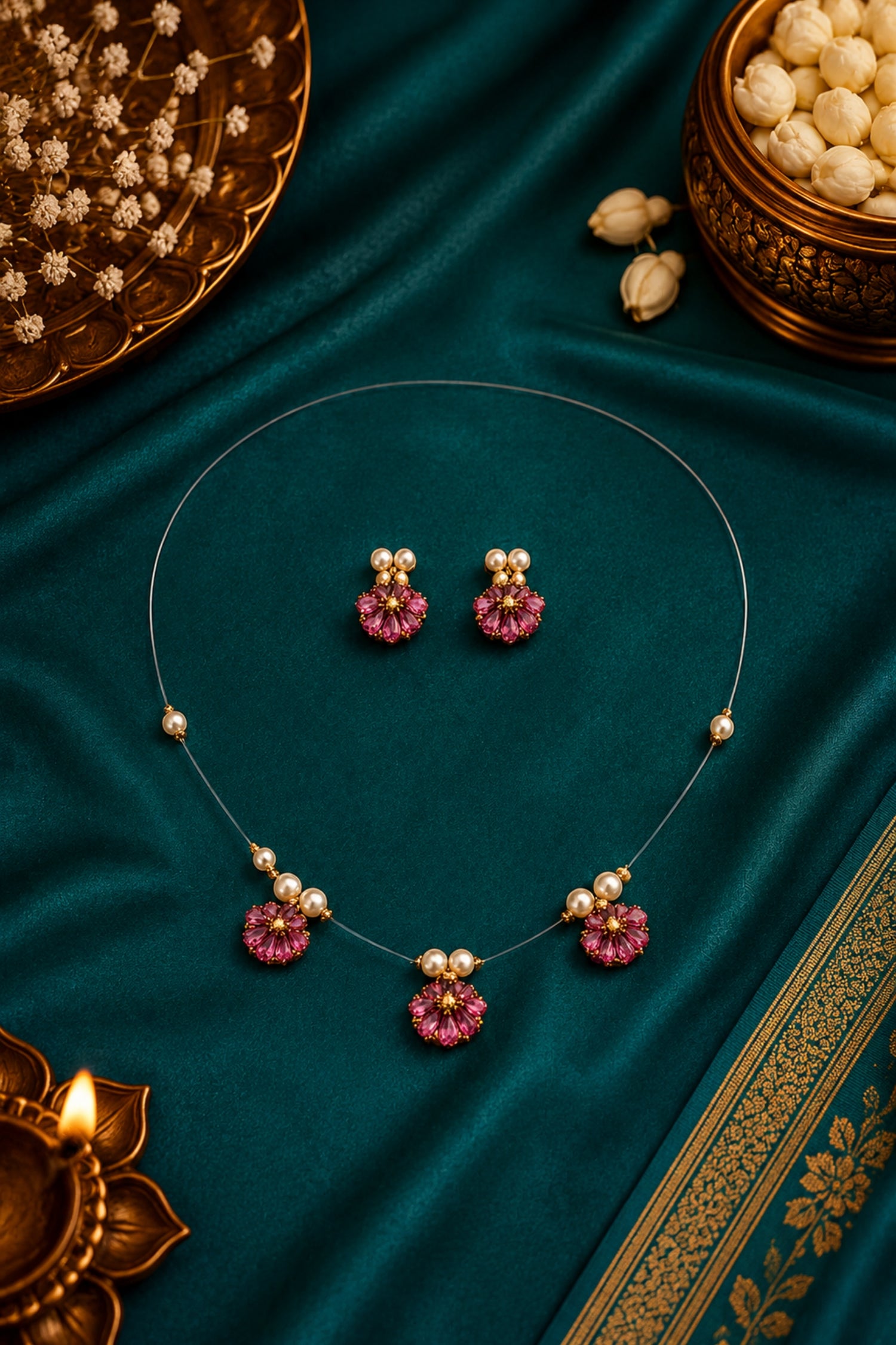 Invisible Wire Necklace Set with Pink Floral Crystal Pendant & Stud Earrings