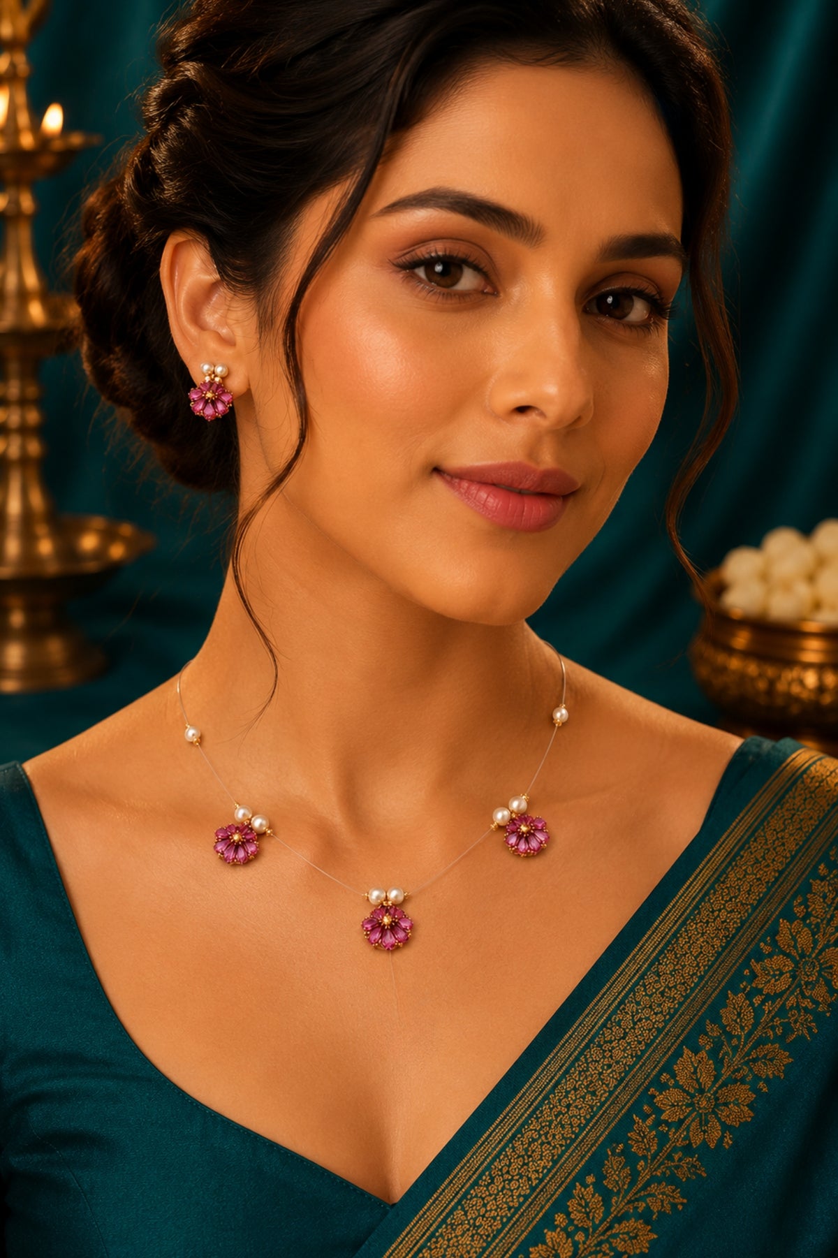 Invisible Wire Necklace Set with Pink Floral Crystal Pendant & Stud Earrings