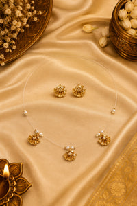 Invisible Wire Necklace Set with Gold Floral Crystal Pendant & Stud Earrings