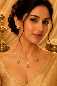 Invisible Wire Necklace Set with Gold Floral Crystal Pendant & Stud Earrings