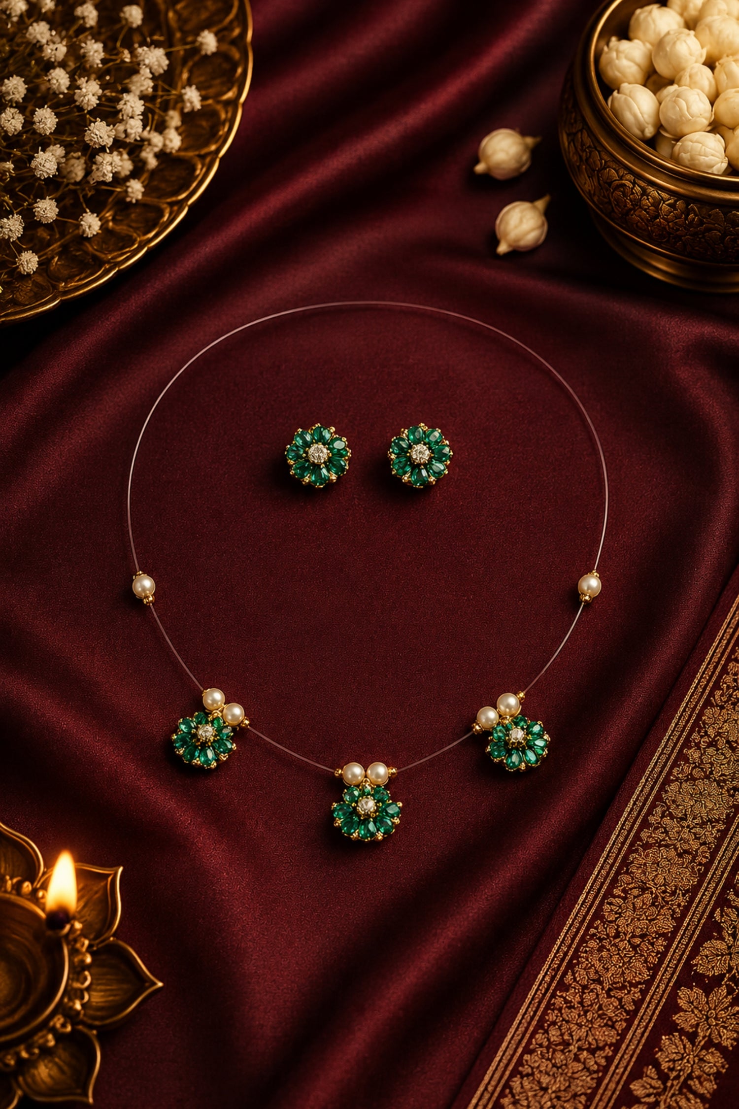 Invisible Wire Necklace Set with Green Floral Crystal Pendant & Stud Earrings