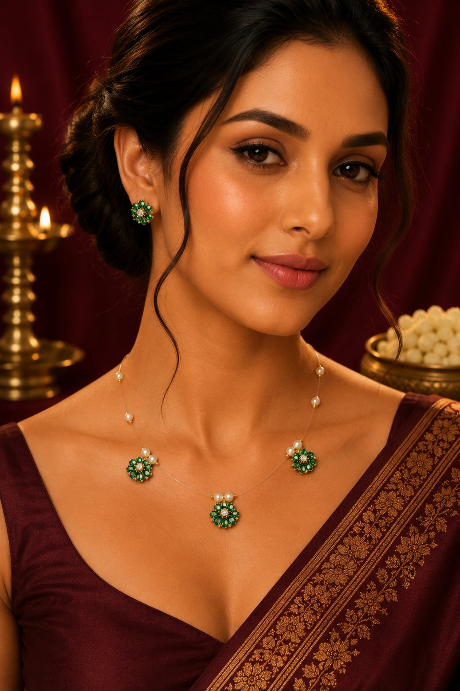 Invisible Wire Necklace Set with Green Floral Crystal Pendant & Stud Earrings