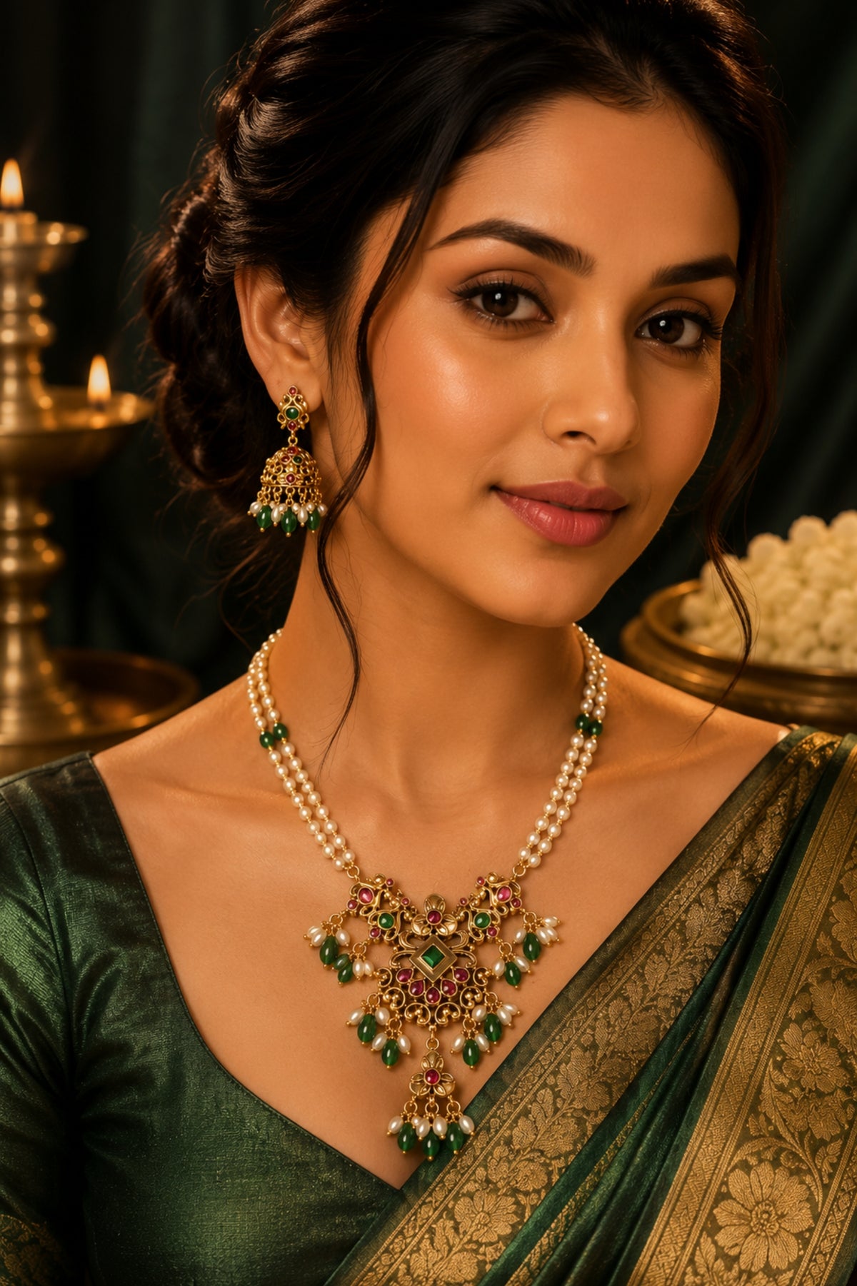 A woman wearing an ornate gold and green traditional necklace with matching earrings, styled with a dark green saree in a warm, elegant setting.