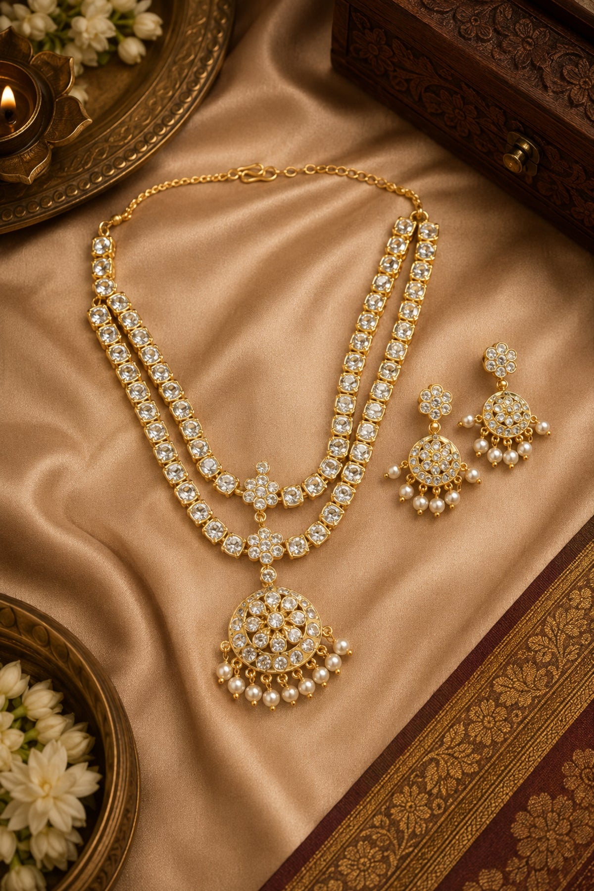 Gold-toned traditional jewelry set with a double-strand necklace, matching pendant, and earrings, decorated with clear stones and white pearl-like accents, arranged on beige satin fabric with decorative props.