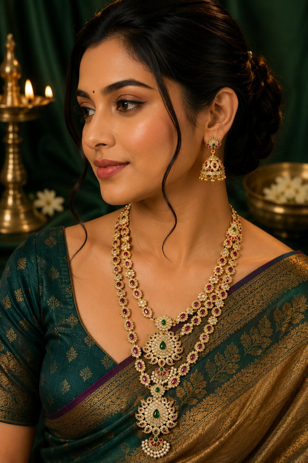 A woman wearing an ornate layered gold necklace with green and red stones, matching dangling earrings, and a green sari with gold zari detailing, posed against a dark green draped background with warm decorative lighting.