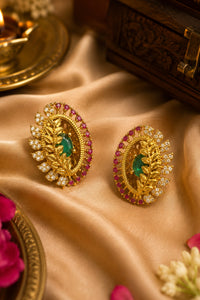 Antique Polish Premium Brass CZ AD Stone Exclusive Stud Earrings
