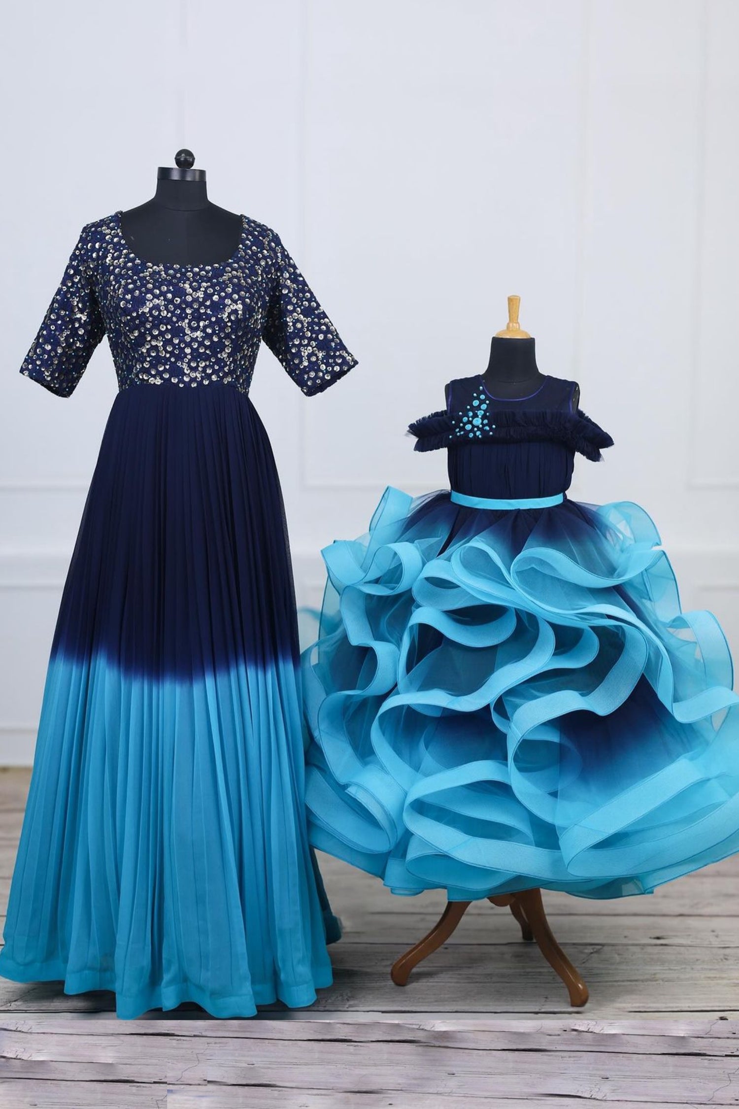 Grace in Harmony – Mom & Daughter Combo in Navy Blue and Light Blue
