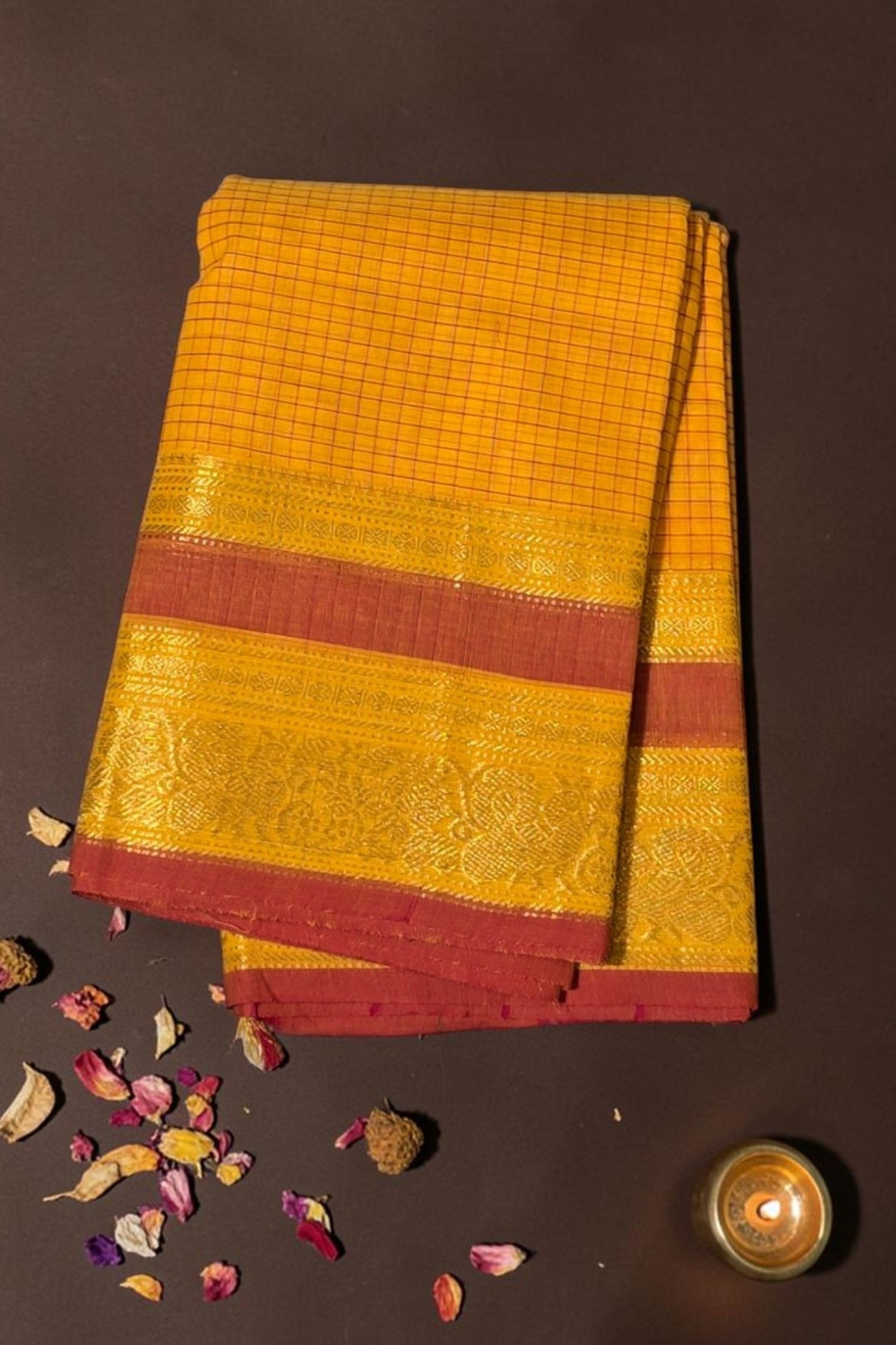 Bright Yellow Checked Cotton Saree with Red Border