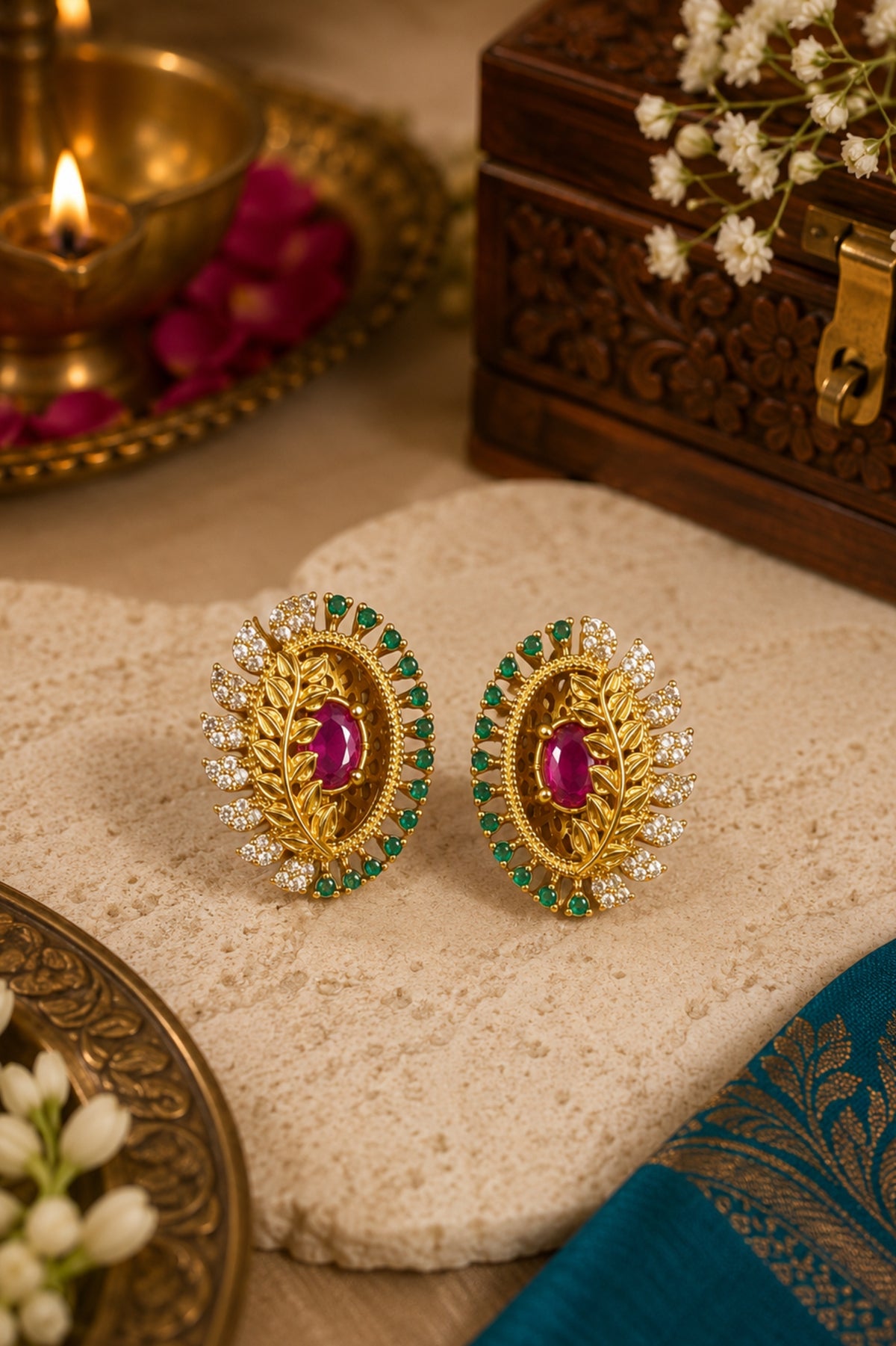Antique Polish Premium Brass CZ Green AD Stone Exclusive Stud Earrings