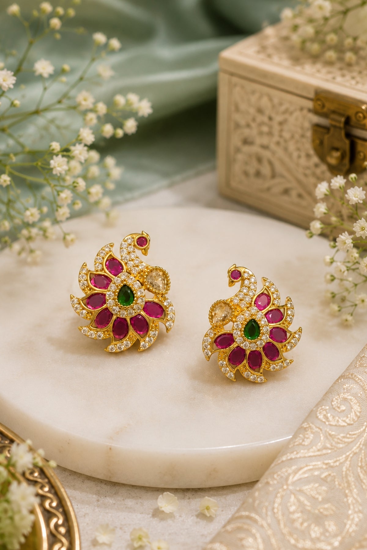 A pair of gold-toned peacock stud earrings embellished with pink gemstones, a green center stone, and clear crystals, displayed on a white marble slab with baby's breath flowers and a carved wooden box in the background.
