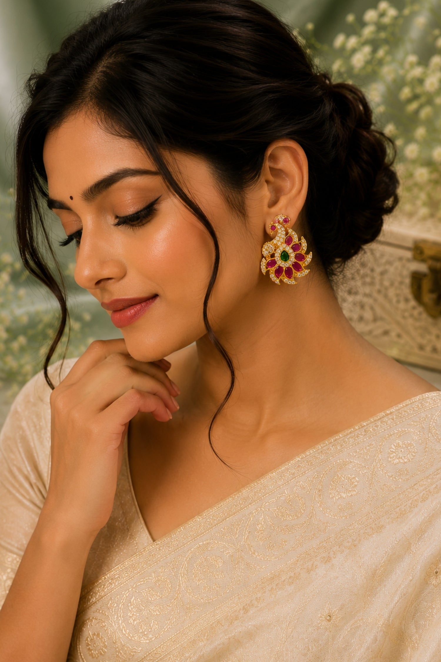 A woman wearing ornate gold-toned Indian jhumka earrings with red and green stone accents, paired with a cream-colored embroidered sari.