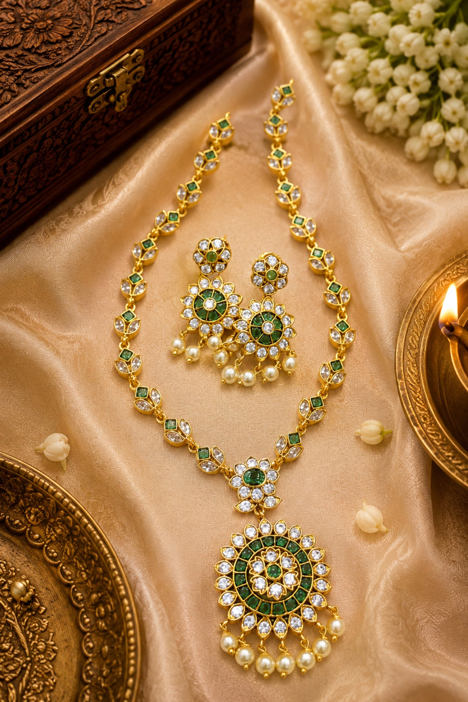 Gold-toned traditional jewelry set with green stone and pearl embellishments, arranged on beige satin fabric with decorative plates, flowers, and a lit diya in the background.