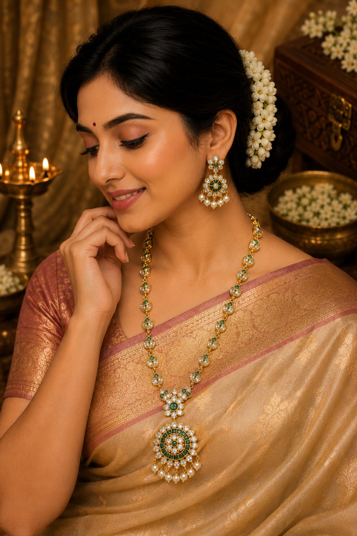 A woman wearing a gold and pink saree models a matching gold and green gemstone necklace with pearl-like white accents, along with matching earrings, in a warm, traditional setting.