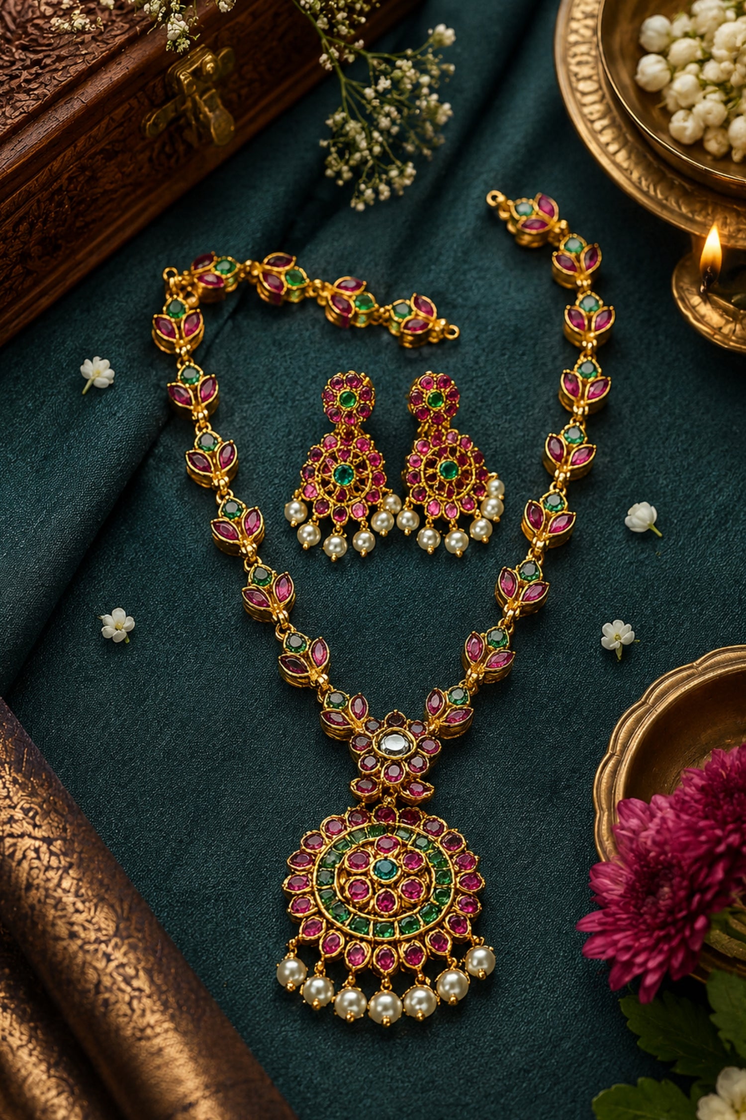 An ornate gold-toned jewelry set with a necklace and matching earrings, decorated with red and green stone accents and white pearl-like beads, arranged on a dark teal fabric with decorative floral and metallic props.
