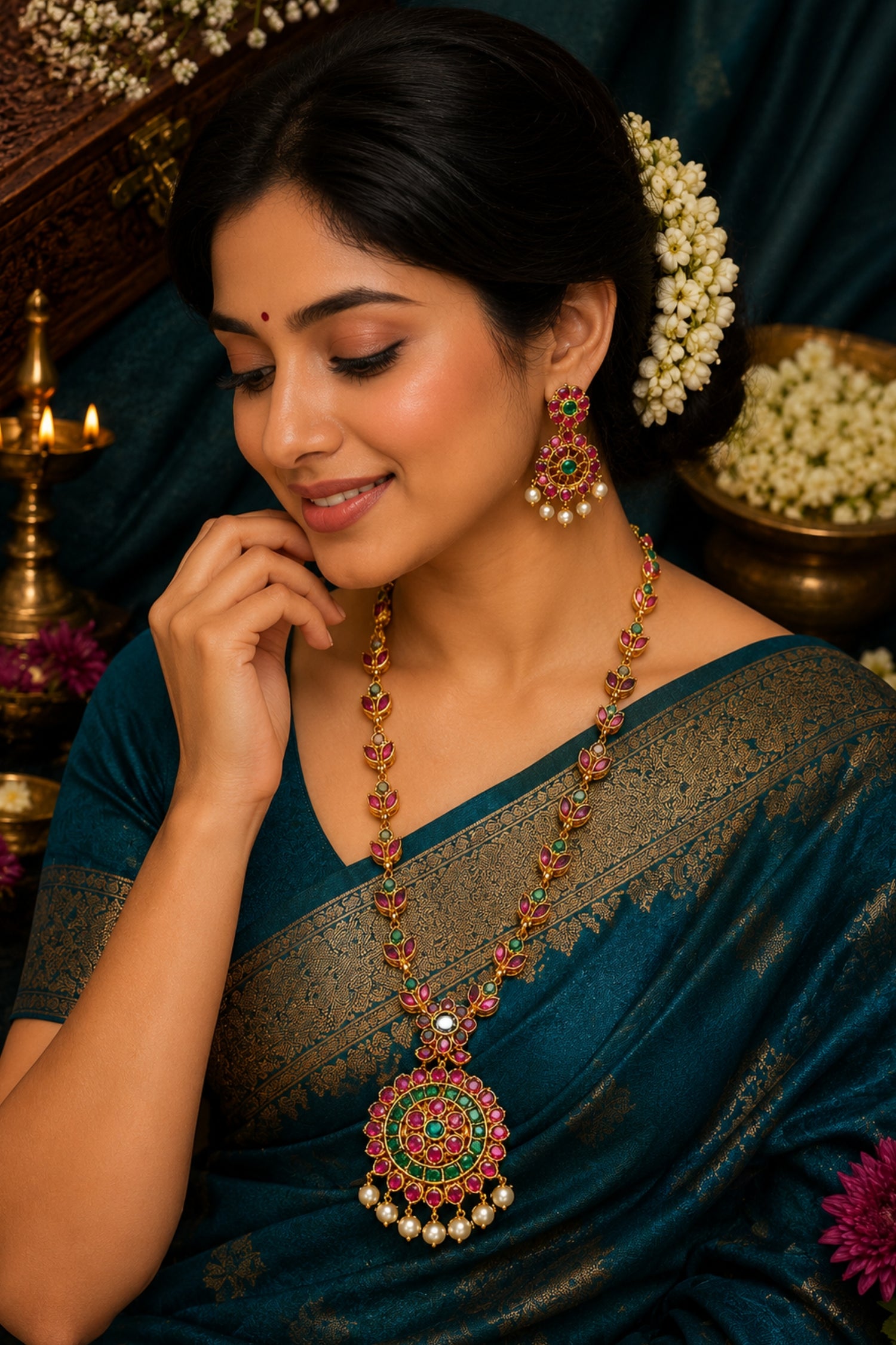 A woman wearing a dark teal saree and a large ornate gold-toned necklace with red, green, and white embellishments, posed in a traditional setting with flowers and brass lamps.