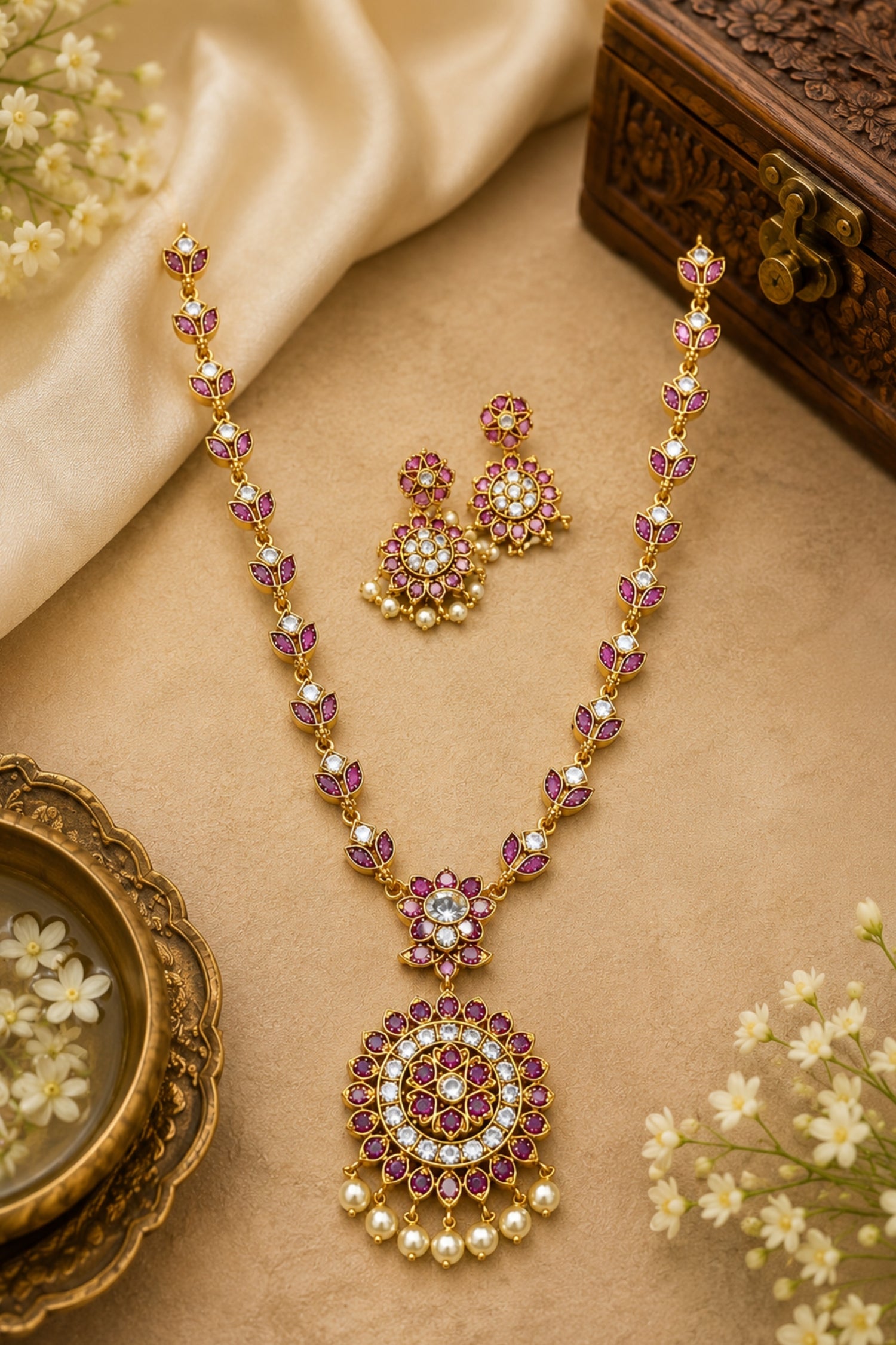Gold-plated Indian jewelry set featuring a necklace, earrings, and a pendant, embellished with pinkish-red stones and white faux pearls, displayed on a beige fabric background with decorative props.