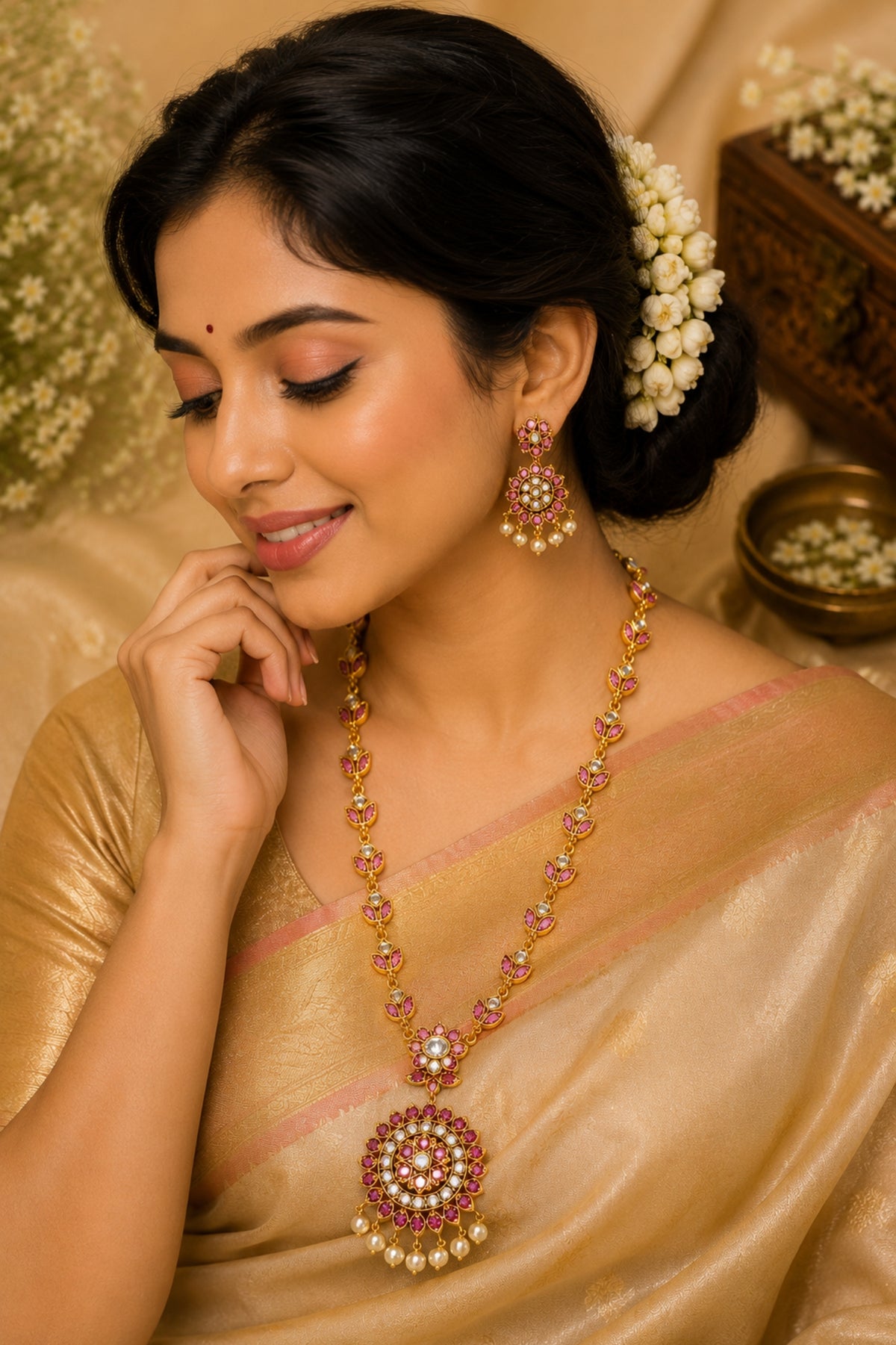 Gold-Plated Traditional Pearl & Pink Stone Jewelry Set