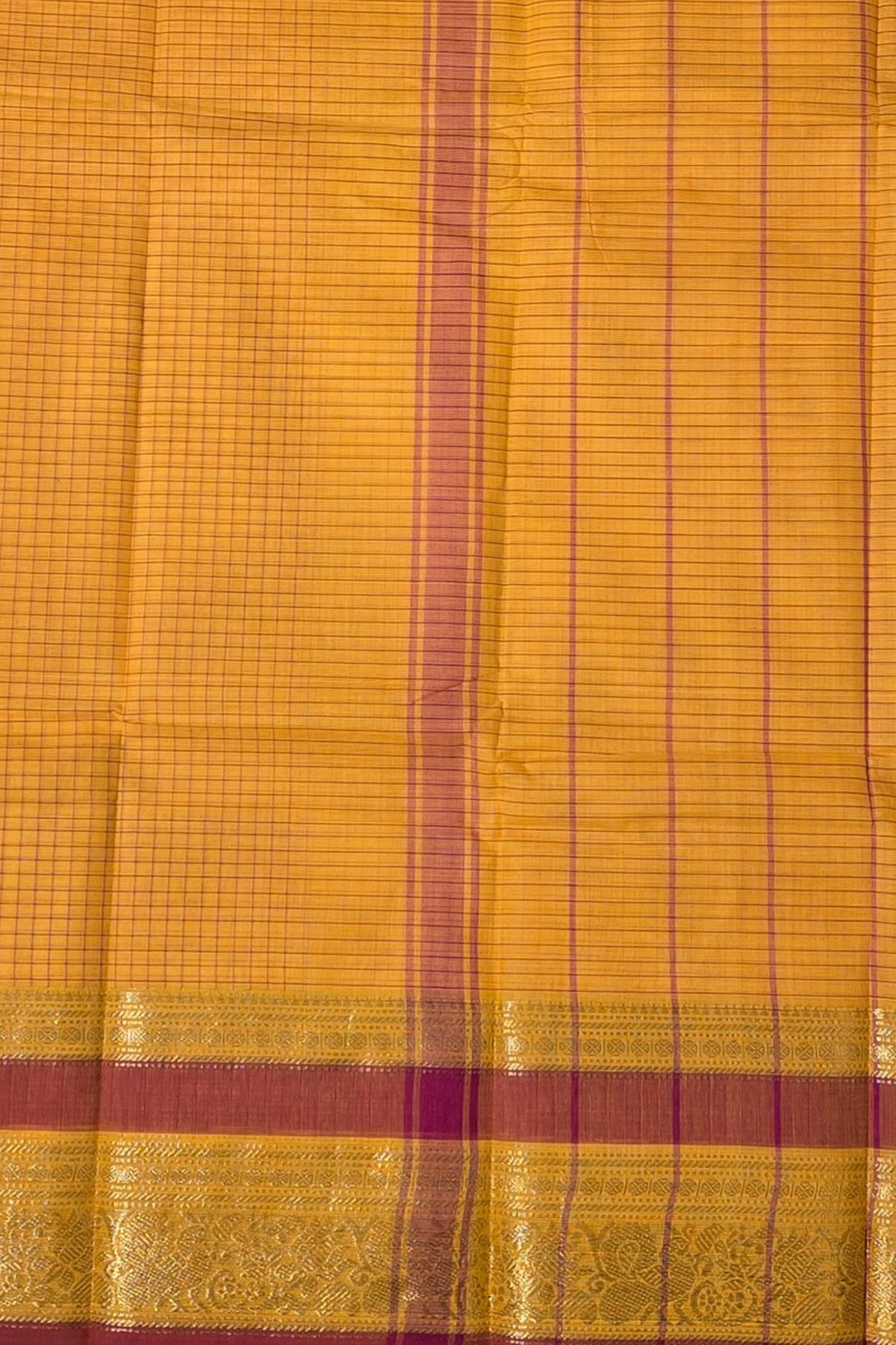 Bright Yellow Checked Cotton Saree with Red Border