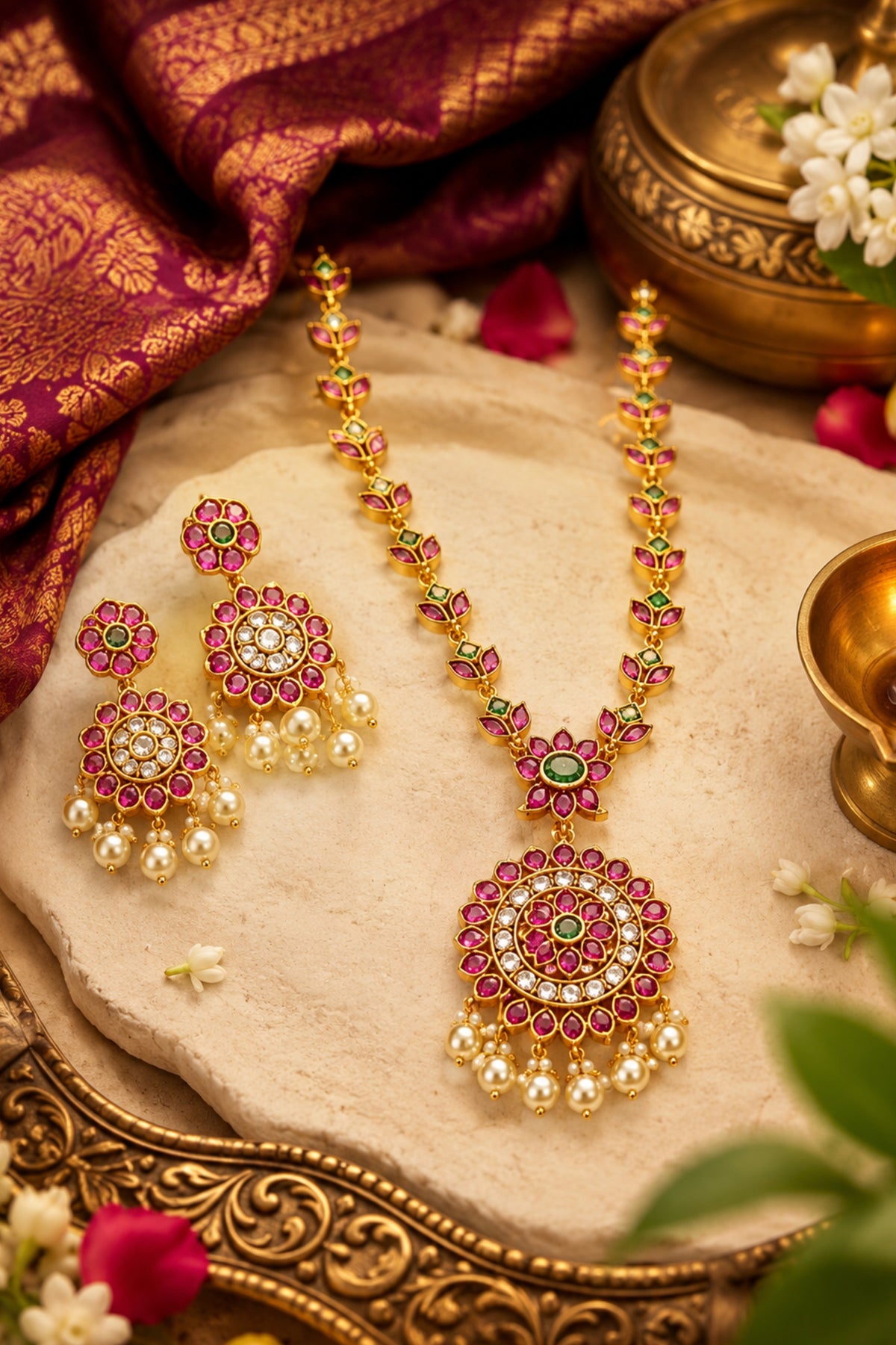 Gold-toned Indian jewelry set featuring a necklace and matching earrings with pink and green stone floral motifs, pearl bead drops, and a central green stone, displayed on a stone slab with traditional decorative props.