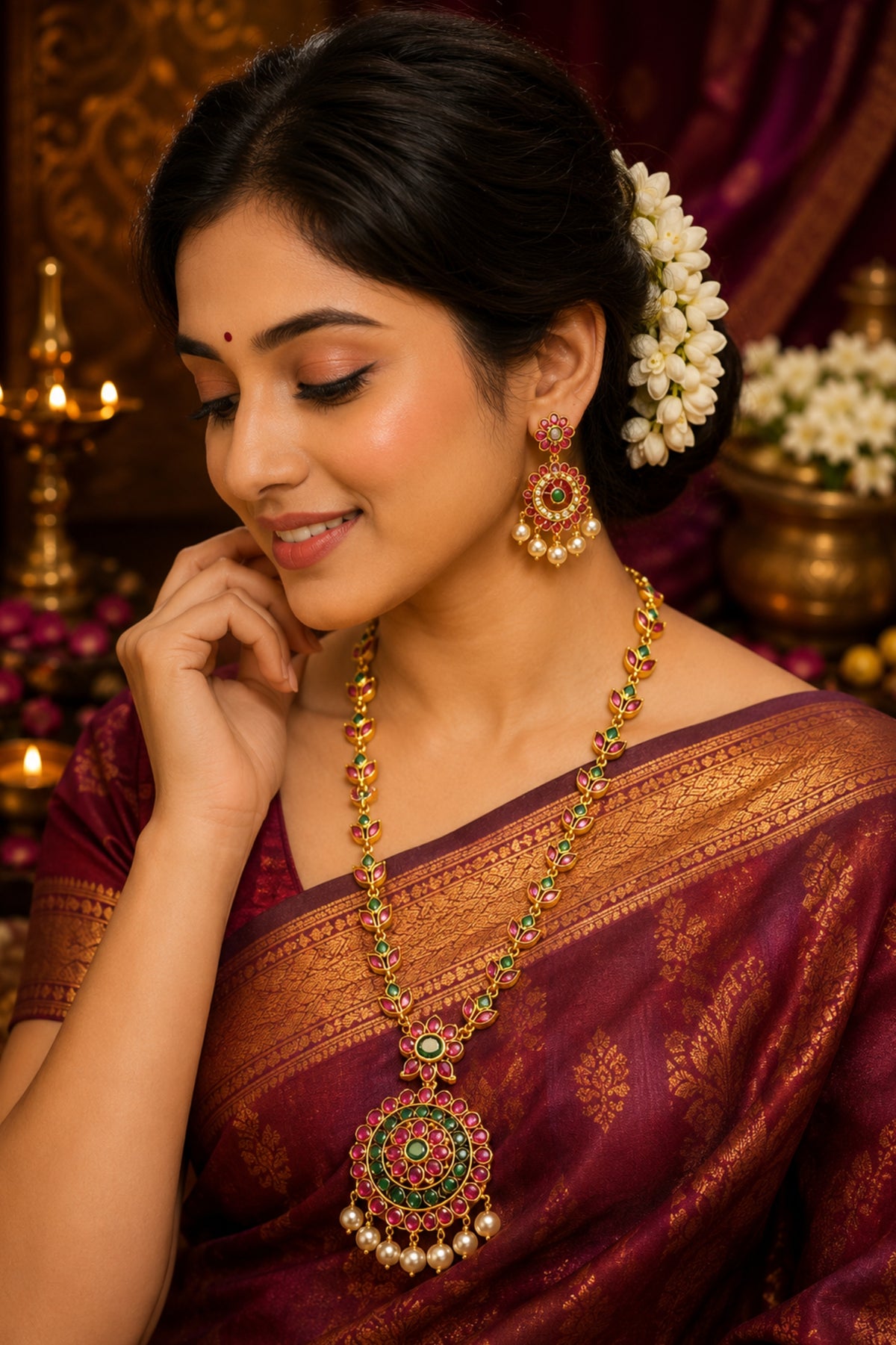 A woman wearing an ornate traditional Indian necklace and matching earrings with green and gold details, styled with a purple saree and white flowers in her hair.