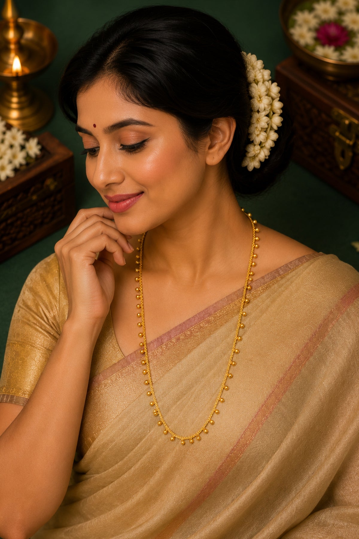 A woman wearing a traditional Indian saree in beige and pink, styled with a white floral hair ornament, a gold necklace, and a red bindi, posed in a warm, dark-themed setting.