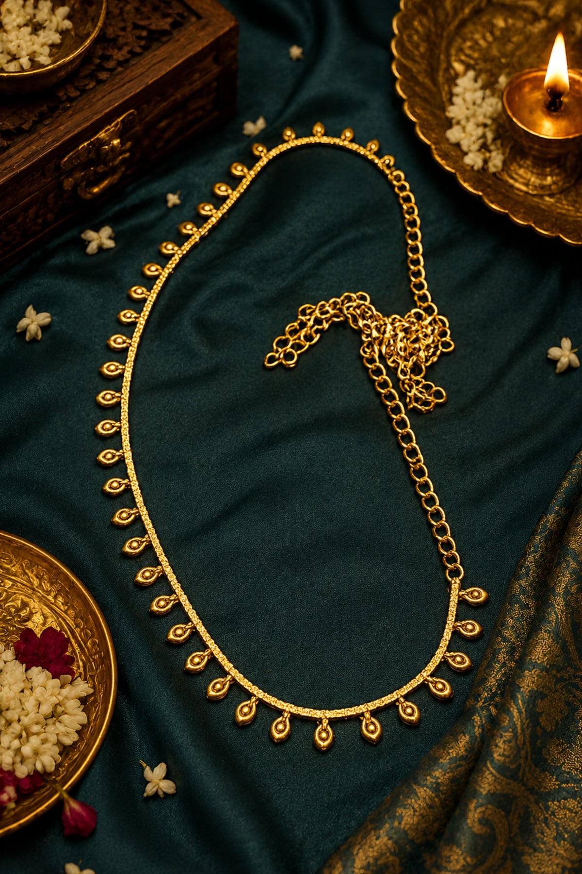 A gold-toned traditional necklace with a chain and decorative pendant drops, arranged on dark teal fabric with ornate gold dishes and a lit candle in the corners.