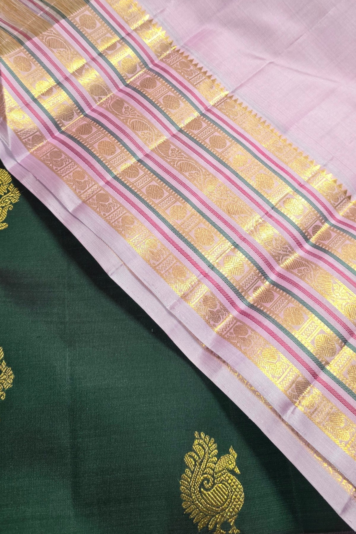 Dark Green Kanchipuram Silk Saree with Lavender and Gold Border