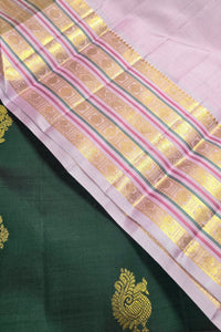 Dark Green Kanchipuram Silk Saree with Lavender and Gold Border