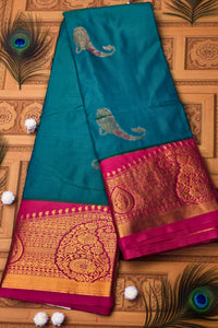 Elegant Sky Blue Semi Kanchi Silk Saree with Pink Border