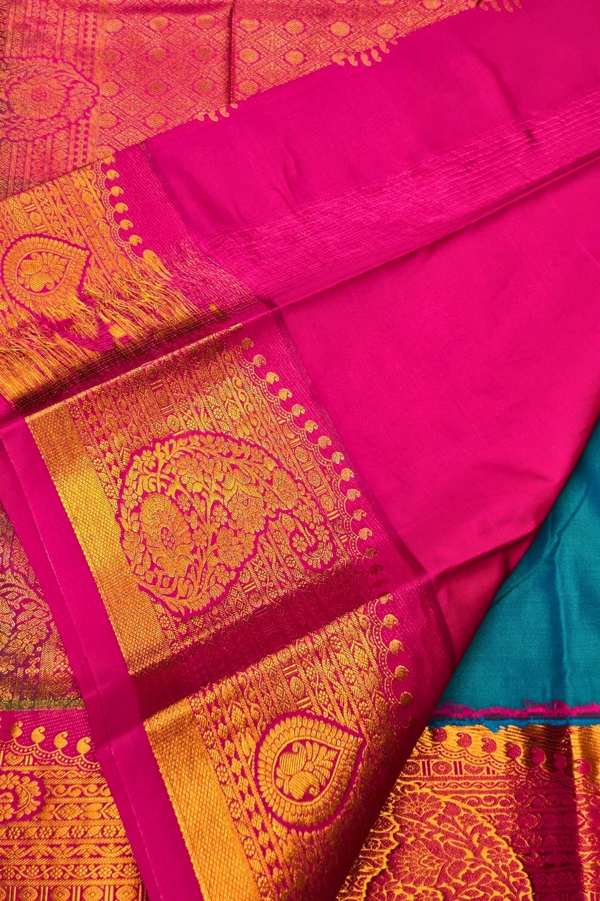 Elegant Sky Blue Semi Kanchi Silk Saree with Pink Border