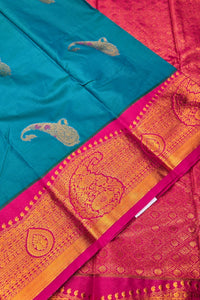 Elegant Sky Blue Semi Kanchi Silk Saree with Pink Border