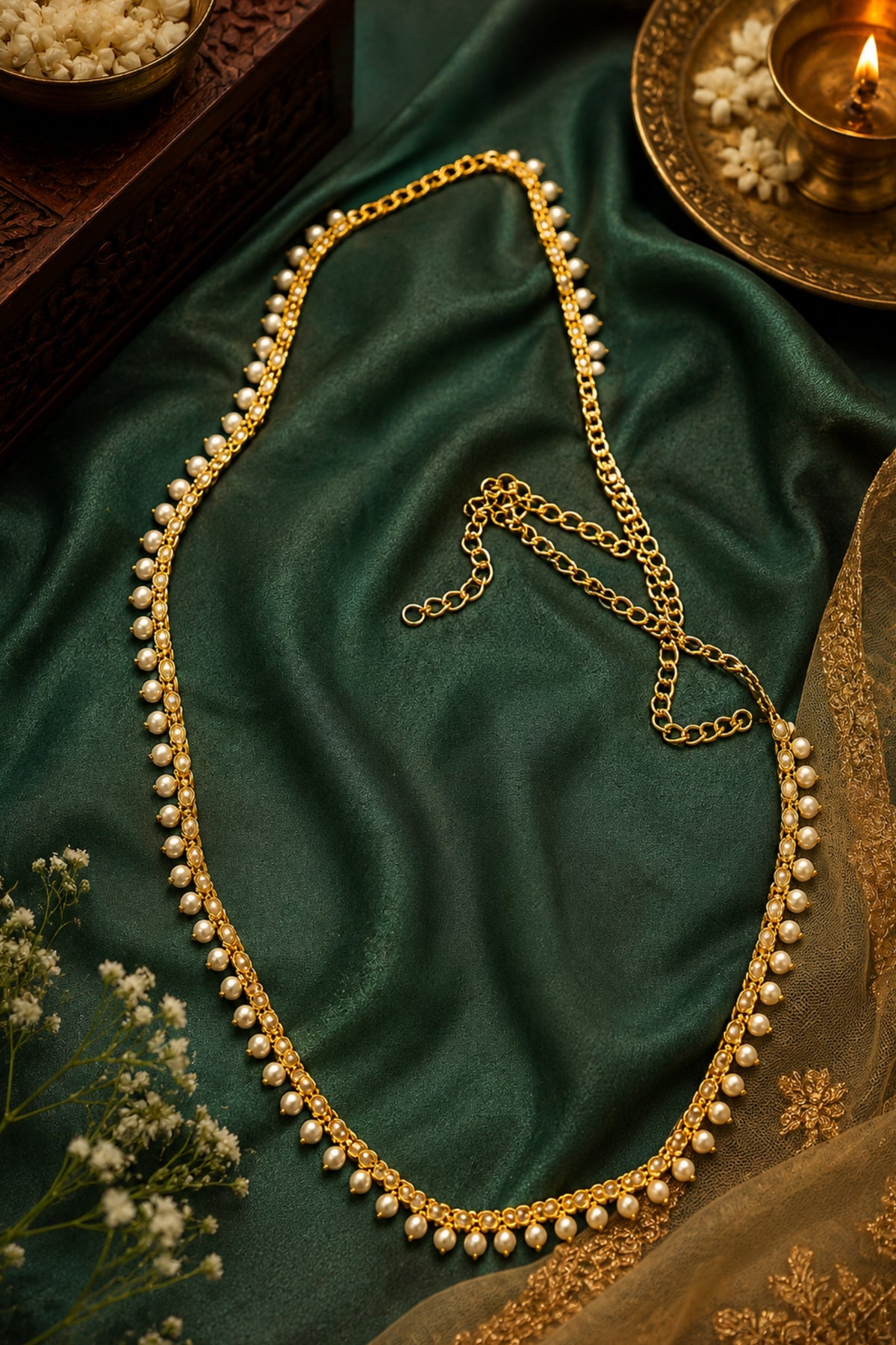 A gold chain necklace adorned with small white pearls, arranged on draped dark green satin fabric with decorative floral and brass props.