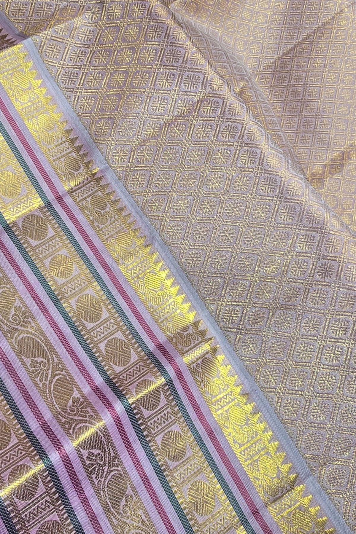 Dark Green Kanchipuram Silk Saree with Lavender and Gold Border