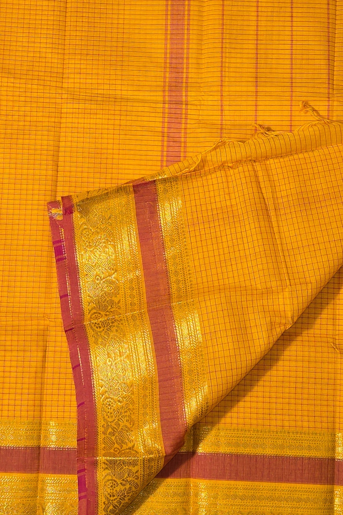 Bright Yellow Checked Cotton Saree with Red Border