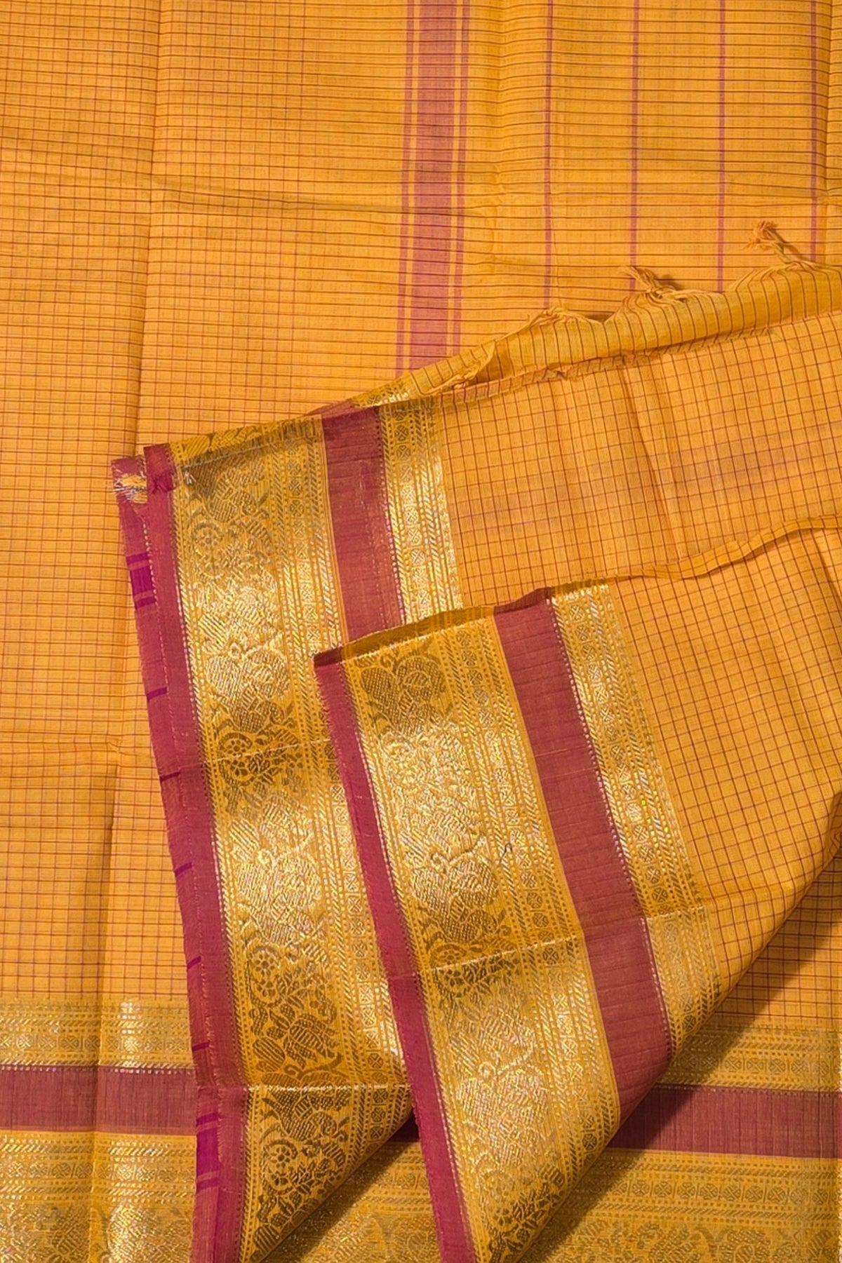 Bright Yellow Checked Cotton Saree with Red Border