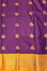 Purple fabric with gold patterns and a yellow border
