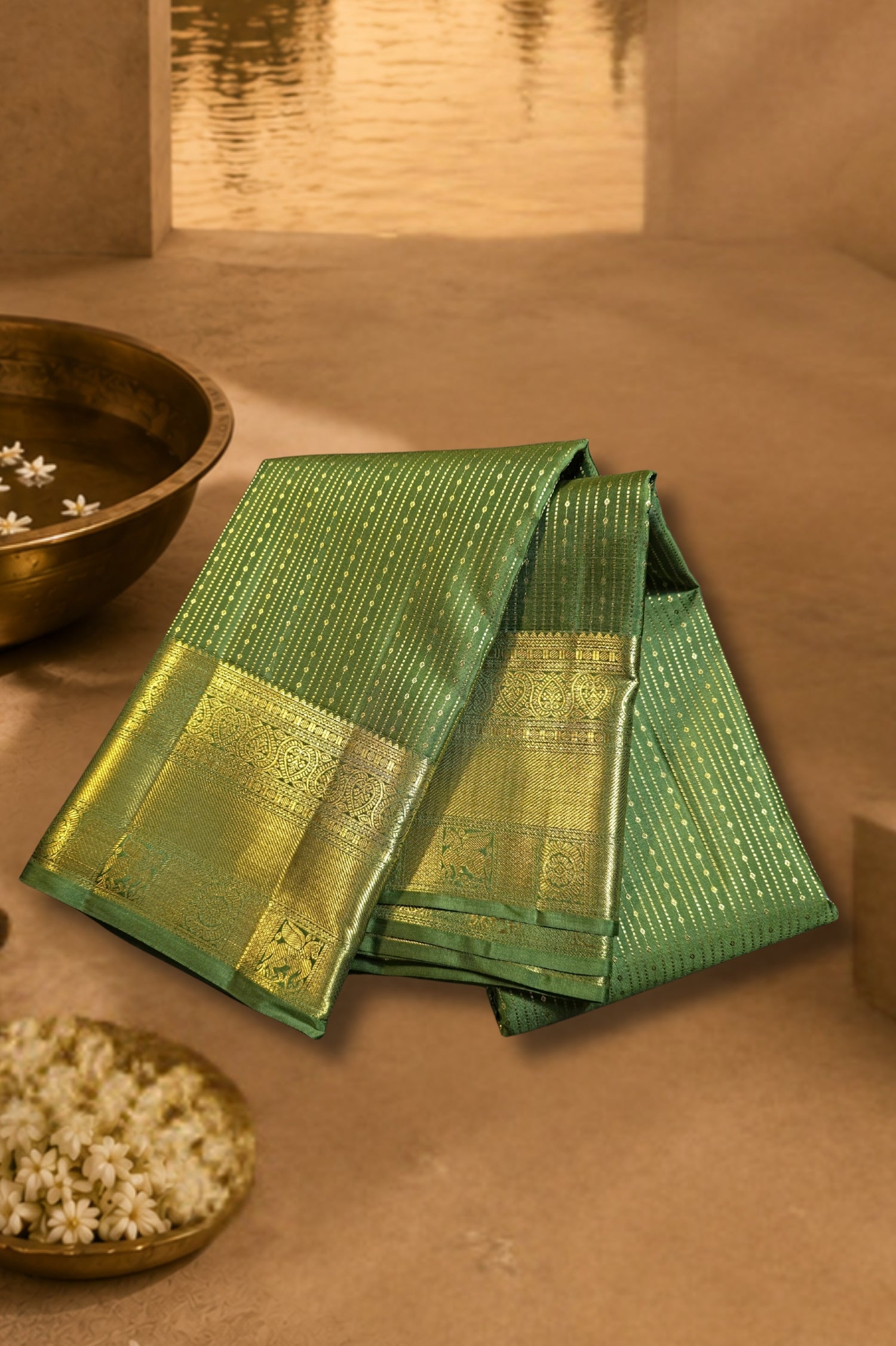 A folded green saree with a wide gold zari border and subtle vertical stripes, displayed on a warm beige surface with decorative bowls in the background.