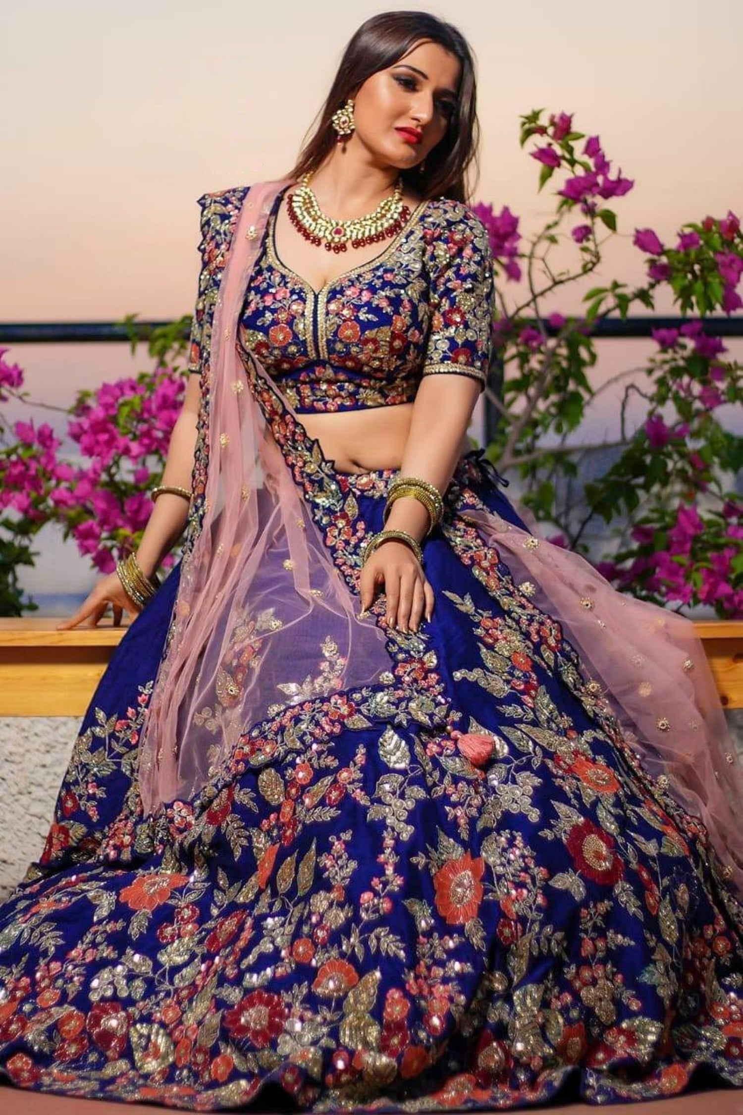 Royal Blue Bridal Floral Embroidered Lehenga - Ful View